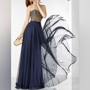 Alyce Paris Navy and Gold Strapless Beaded Prom Gown